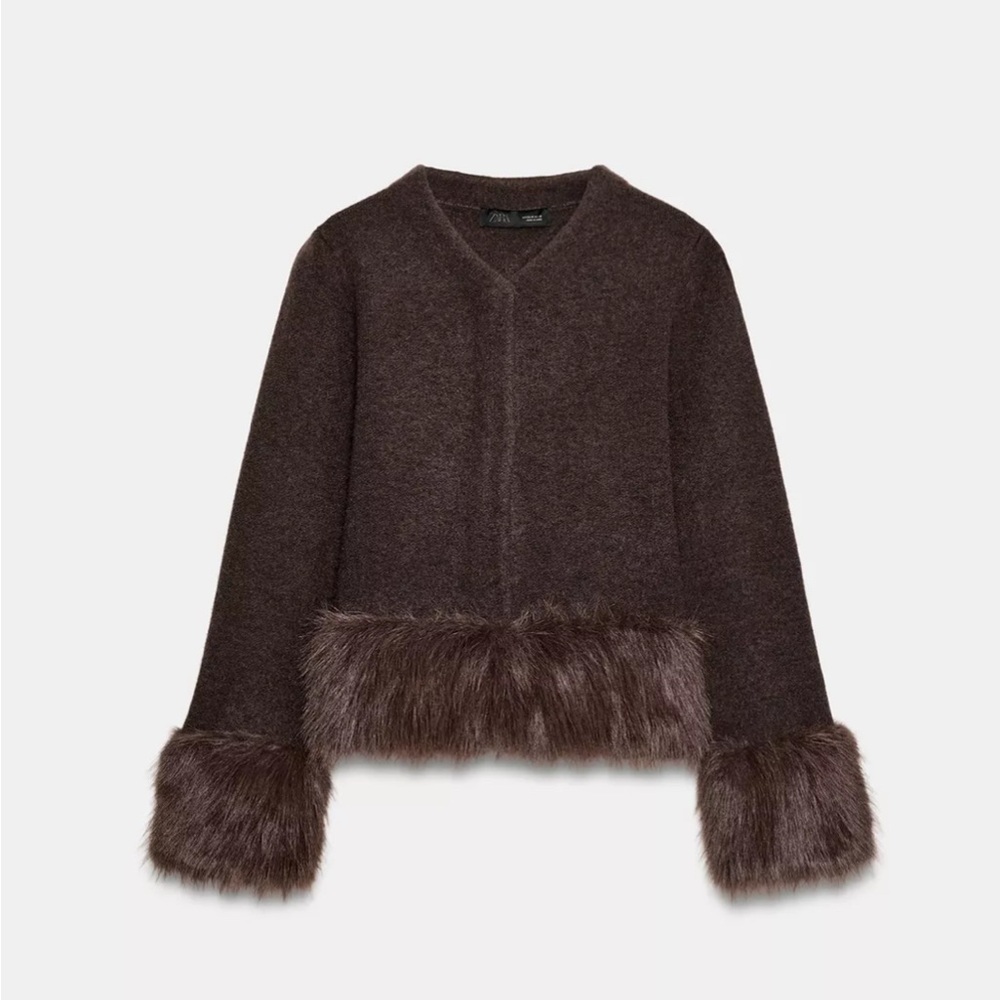 ZARA FAUX FUR TRIM KNIT CARDIGAN NEW W/ TAGS